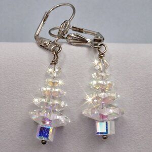Swarovski Style Crystal Christmas Tree Dangle Earrings Silver-Tone Leverback